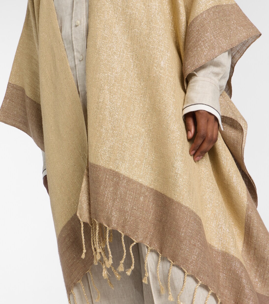Fringed linen-blend lamé poncho | Brunello Cucinelli