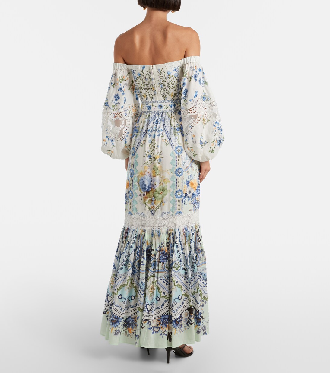 Robe longue en lin et soie à à encolure bardot et fleurs | Camilla