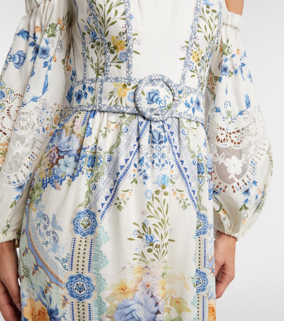 Robe longue en lin et soie à à encolure bardot et fleurs | Camilla