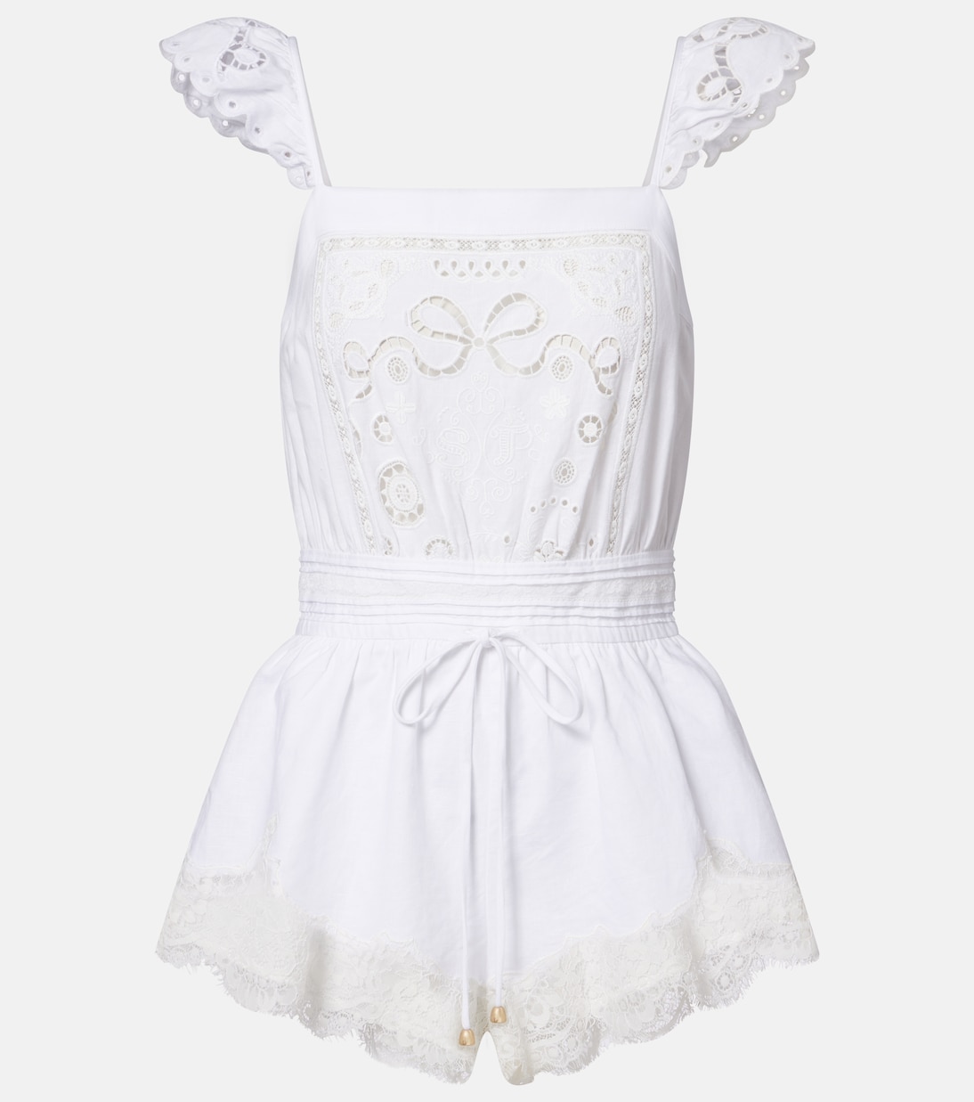Embroidered linen and cotton organza romper | Self-Portrait