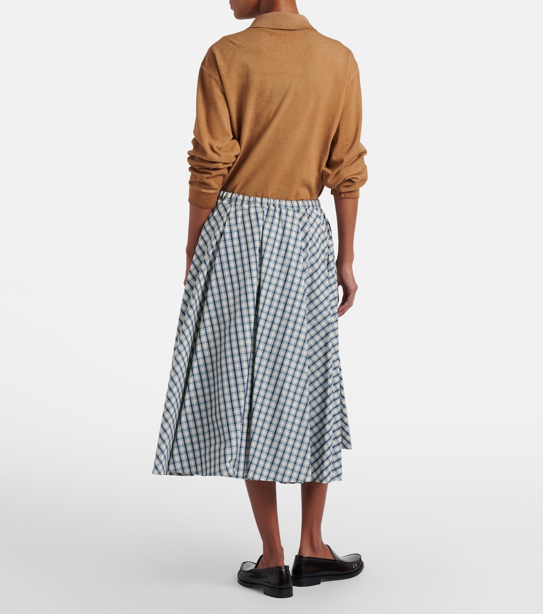 Checked cotton-blend chambray midi skirt | Prada