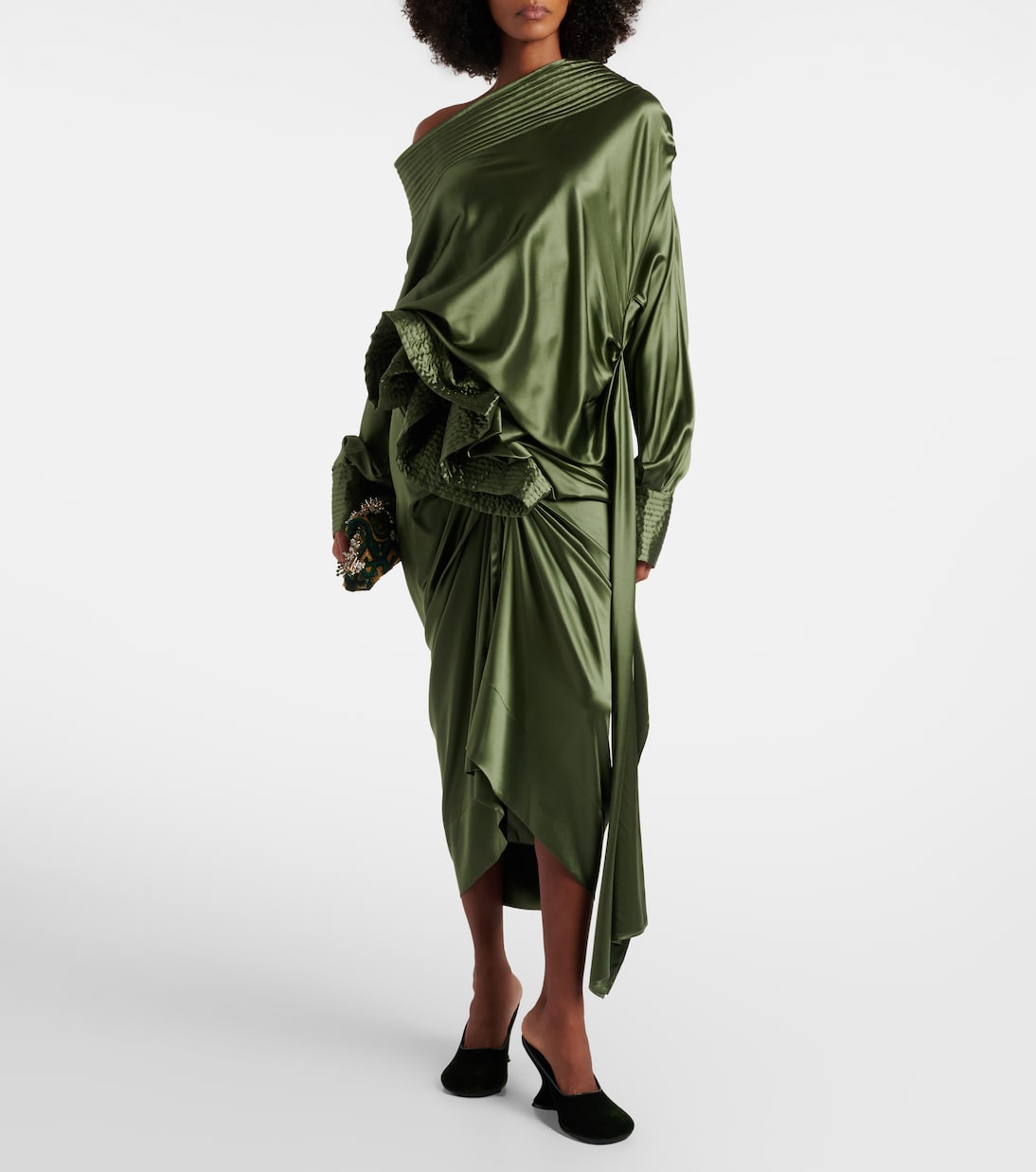 Gathered silk-blend satin midi skirt | Dries Van Noten