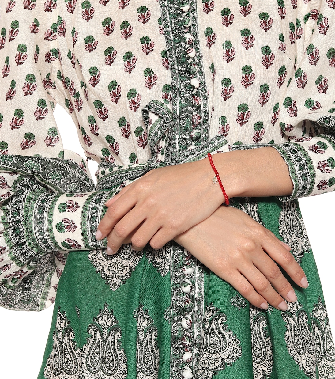 Baby Hamsa Rainbow bamboo coral and 14kt gold beaded bracelet with sapphires | Sydney Evan