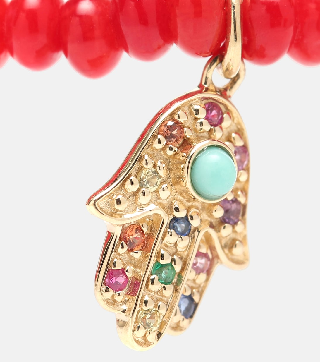 Baby Hamsa Rainbow bamboo coral and 14kt gold beaded bracelet with sapphires | Sydney Evan