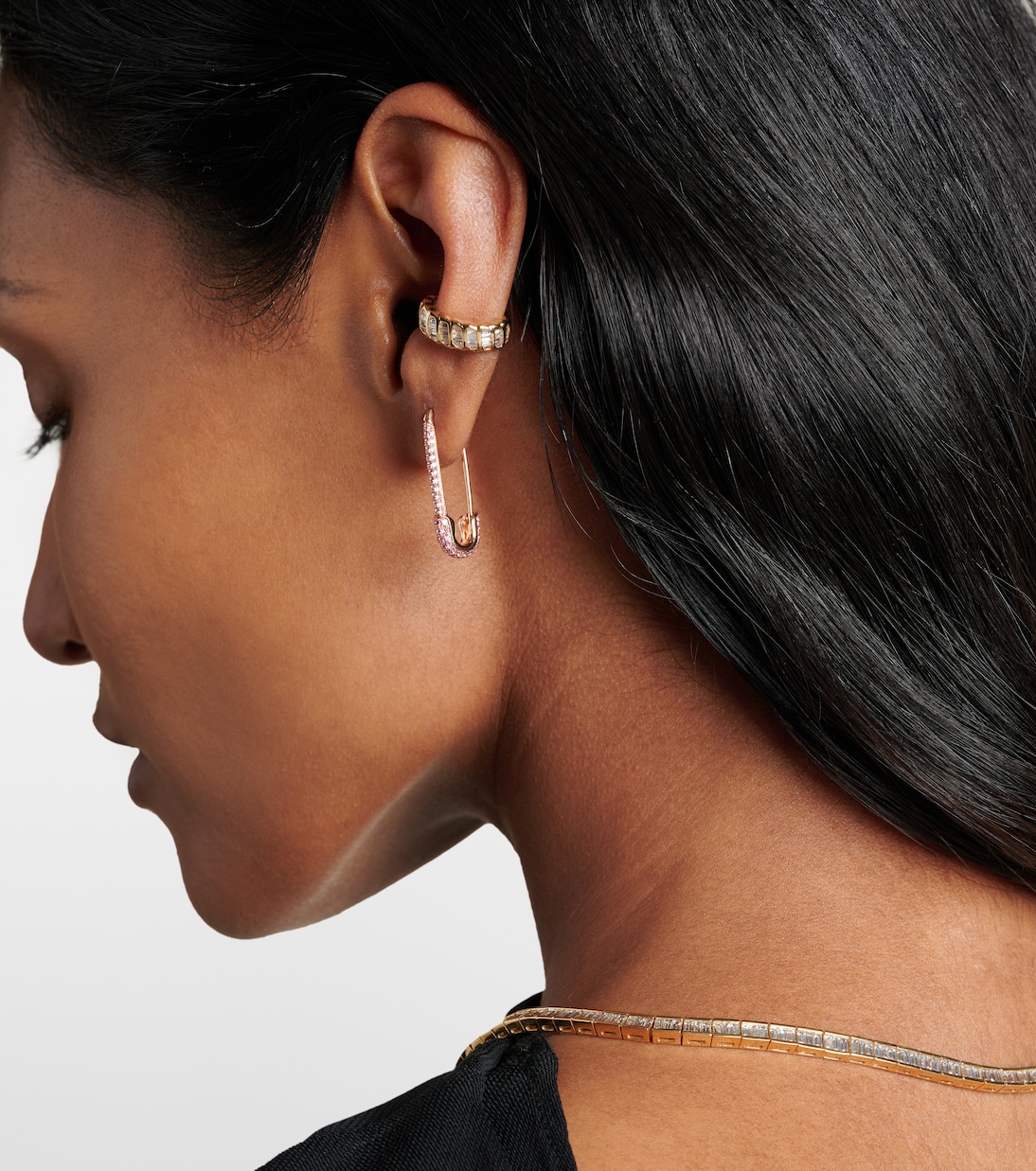 Safety Pin 18kt rose gold single earring with sapphires | Anita Ko