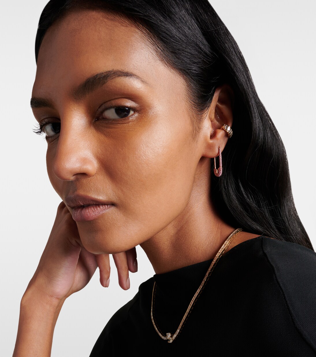 Safety Pin 18kt rose gold single earring with sapphires | Anita Ko