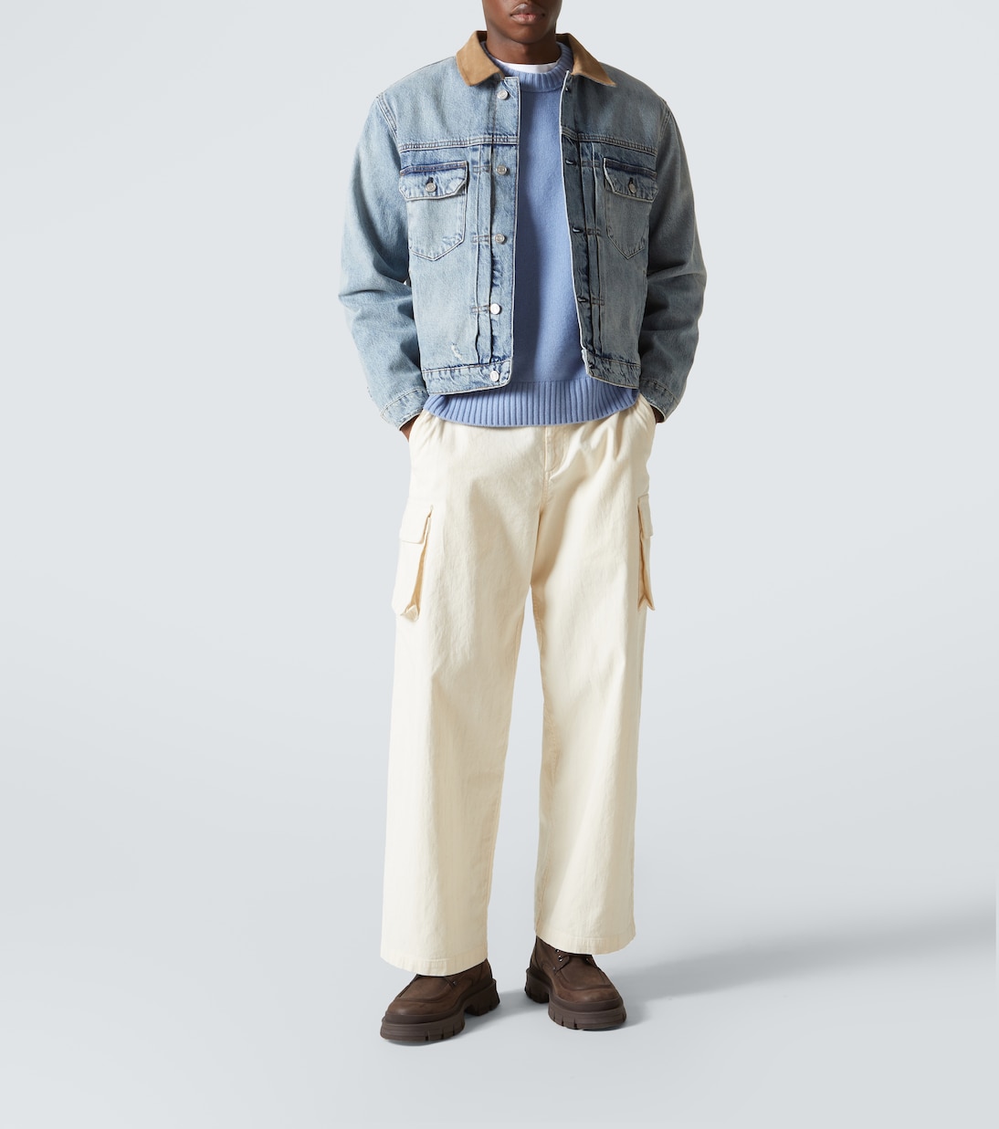 Distressed suede-trimmed denim jacket | Frame