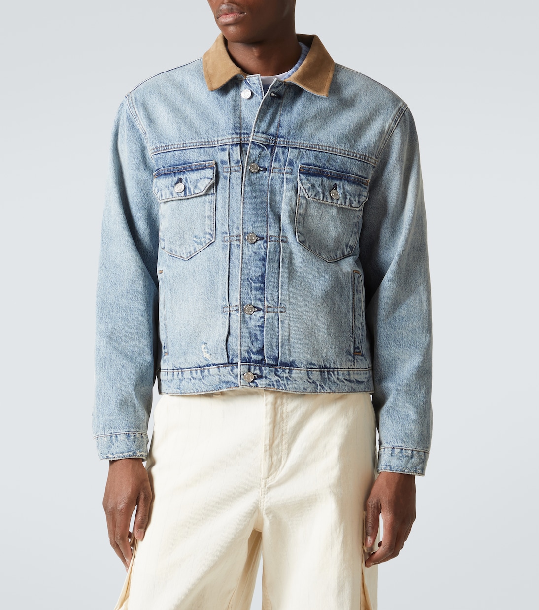 Distressed suede-trimmed denim jacket | Frame