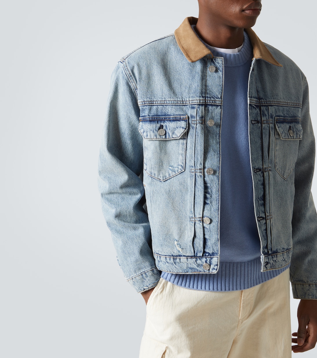 Distressed suede-trimmed denim jacket | Frame