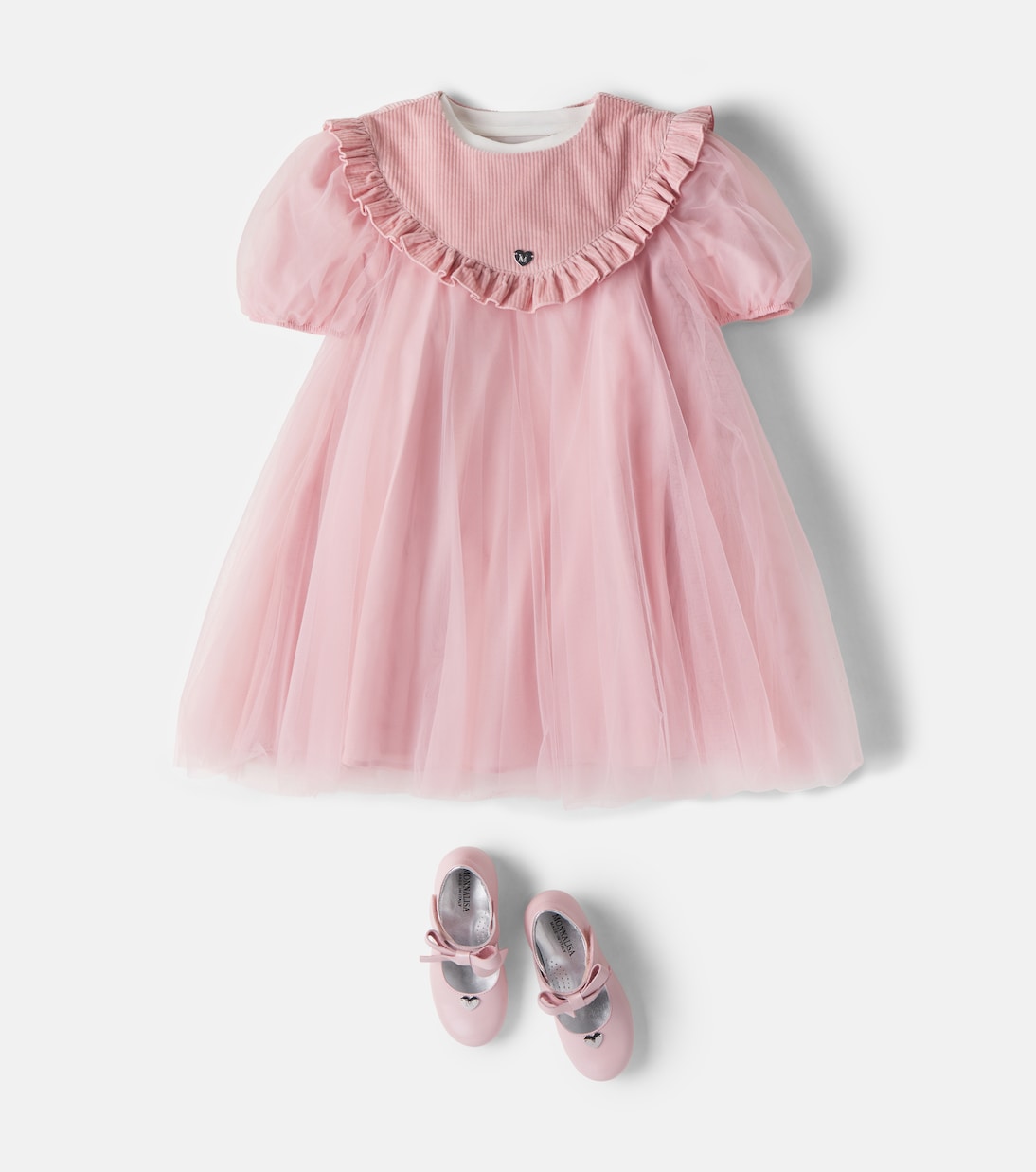 Corduroy-trimmed ruffled tulle dress | Monnalisa
