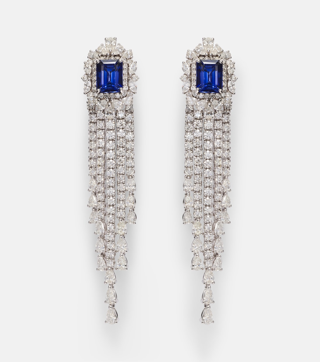 Reign Supreme 18kt white gold drop earrings with diamonds and sapphires | Yeprem