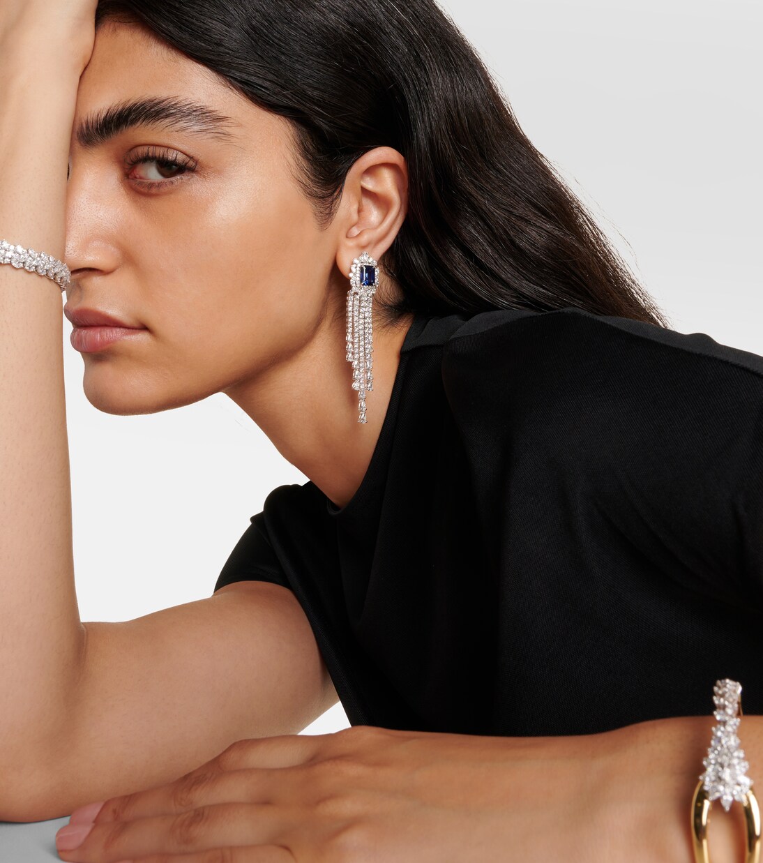 Reign Supreme 18kt white gold drop earrings with diamonds and sapphires | Yeprem