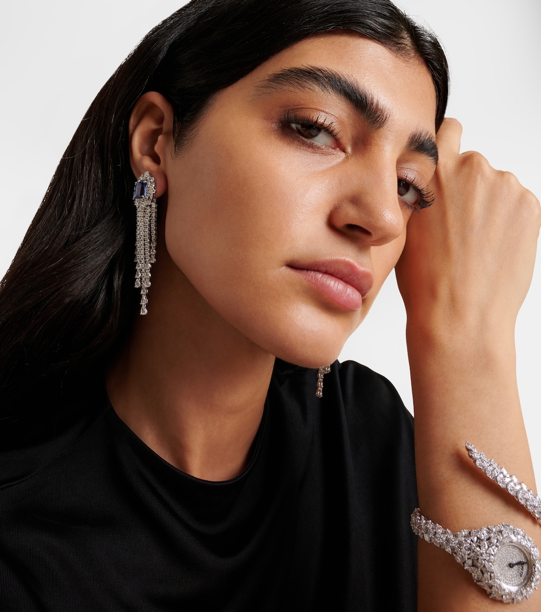 Reign Supreme 18kt white gold drop earrings with diamonds and sapphires | Yeprem