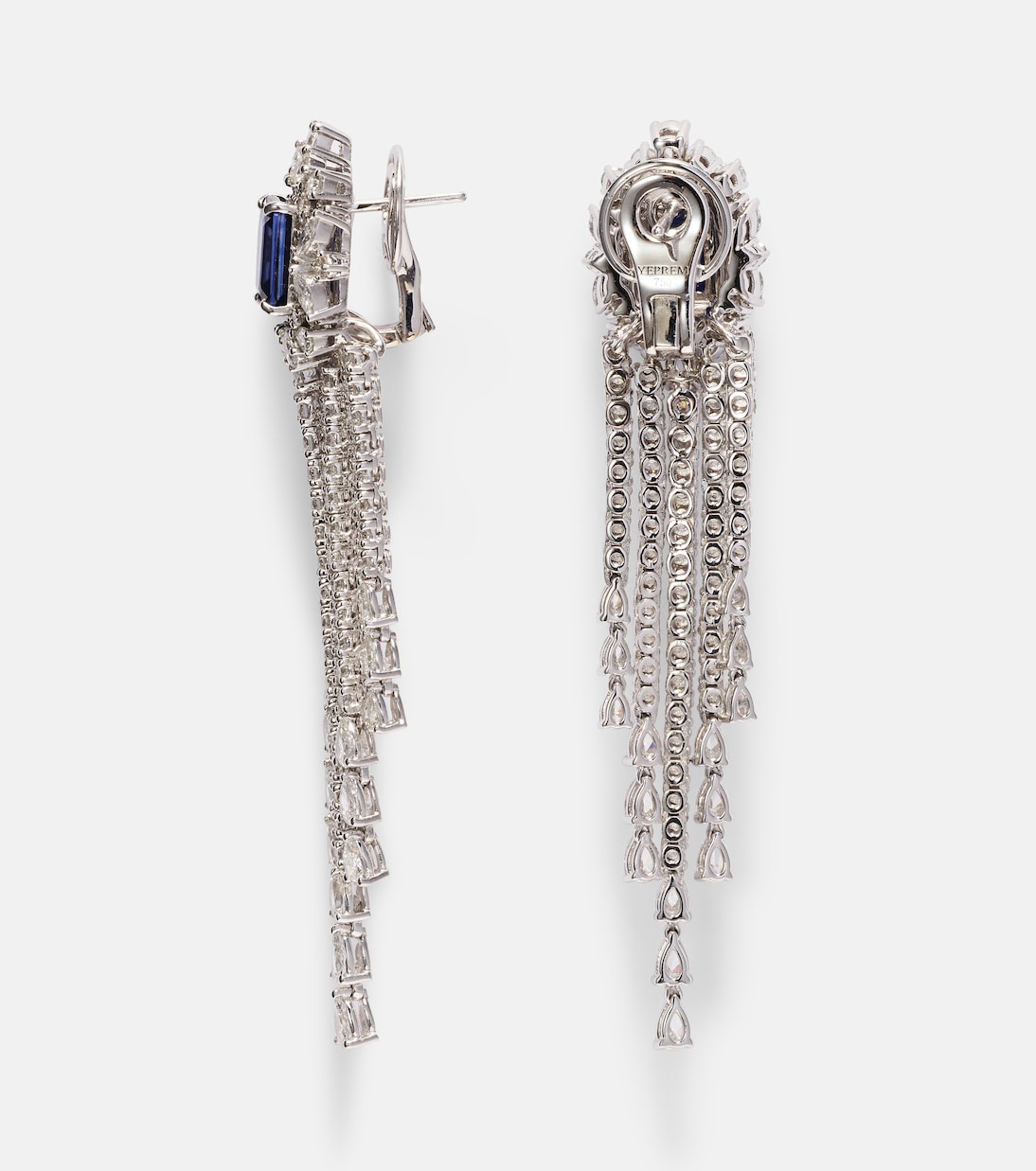 Reign Supreme 18kt white gold drop earrings with diamonds and sapphires | Yeprem