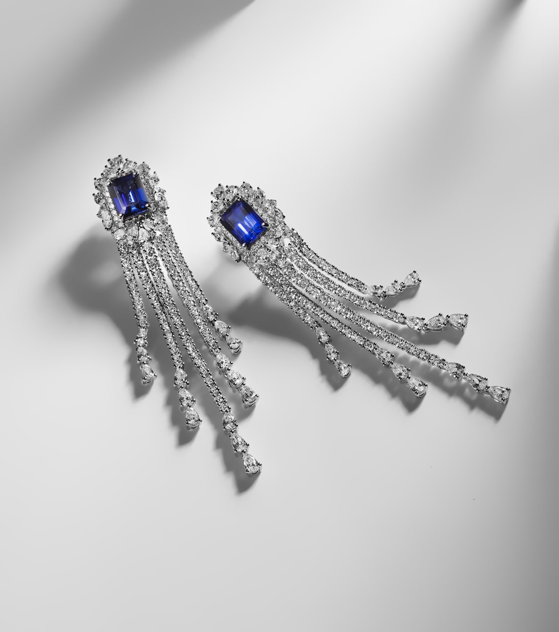 Reign Supreme 18kt white gold drop earrings with diamonds and sapphires | Yeprem
