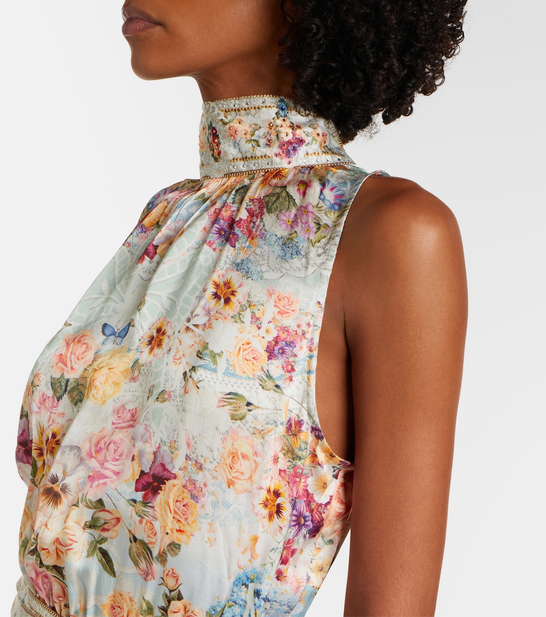 缀饰花卉真丝加长连衣裙 | Camilla