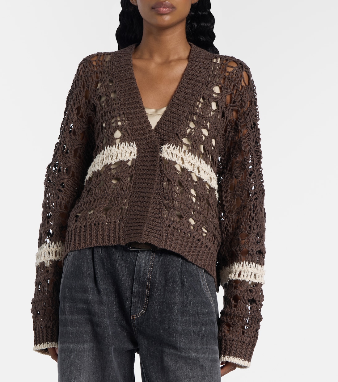 Open-knit jute and cotton-blend cardigan | Brunello Cucinelli