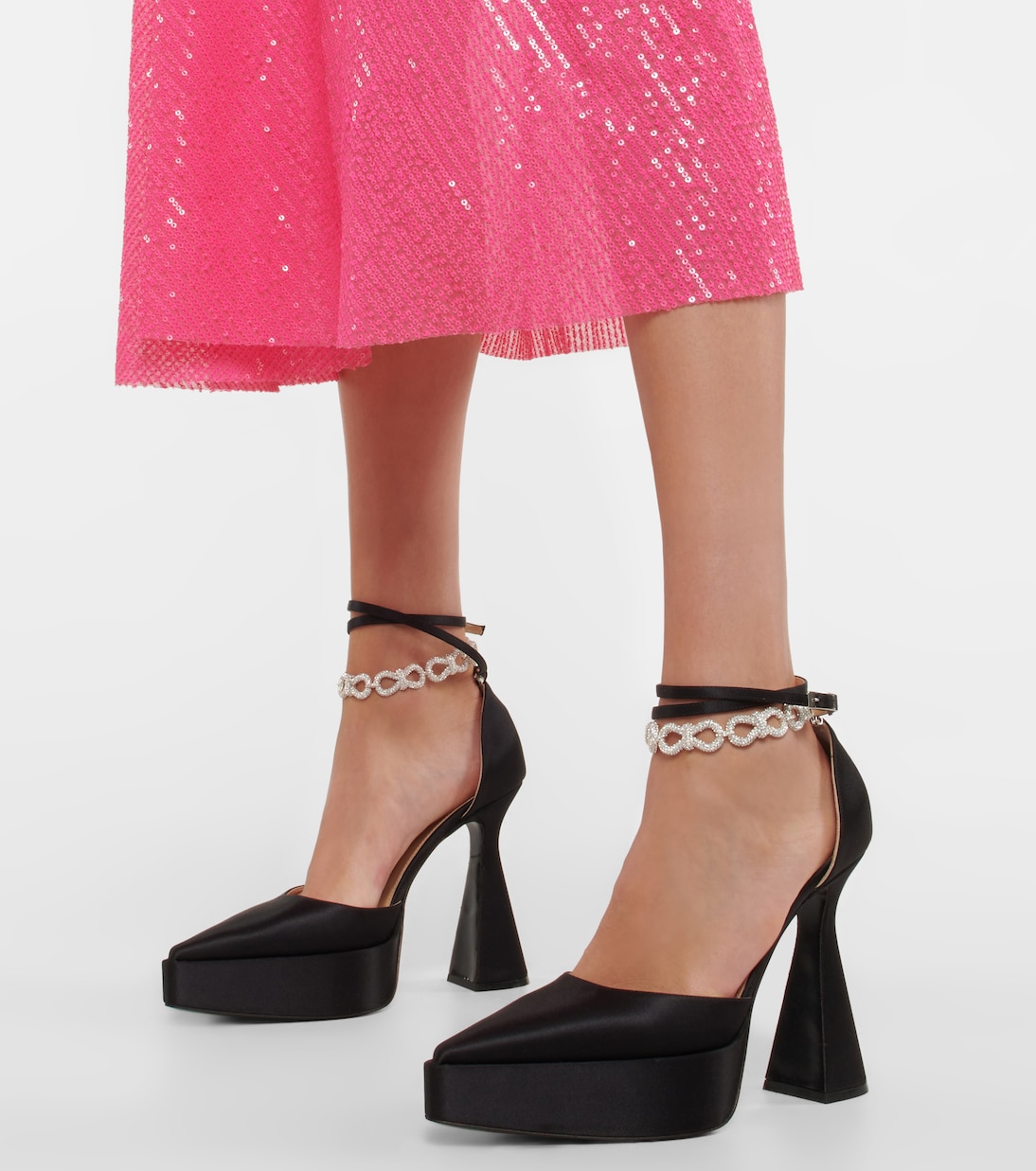 Bow Chain embellished satin platform pumps | Mach & Mach