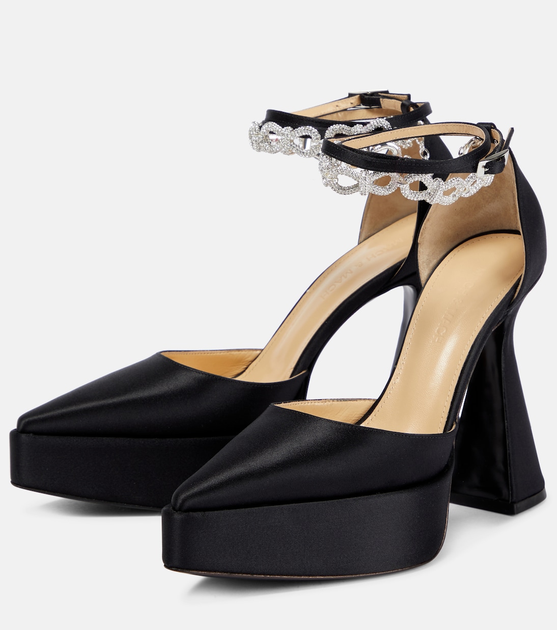 Bow Chain embellished satin platform pumps | Mach & Mach