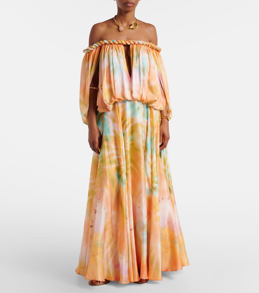 Luna off-shoulder printed silk chiffon gown | Zimmermann