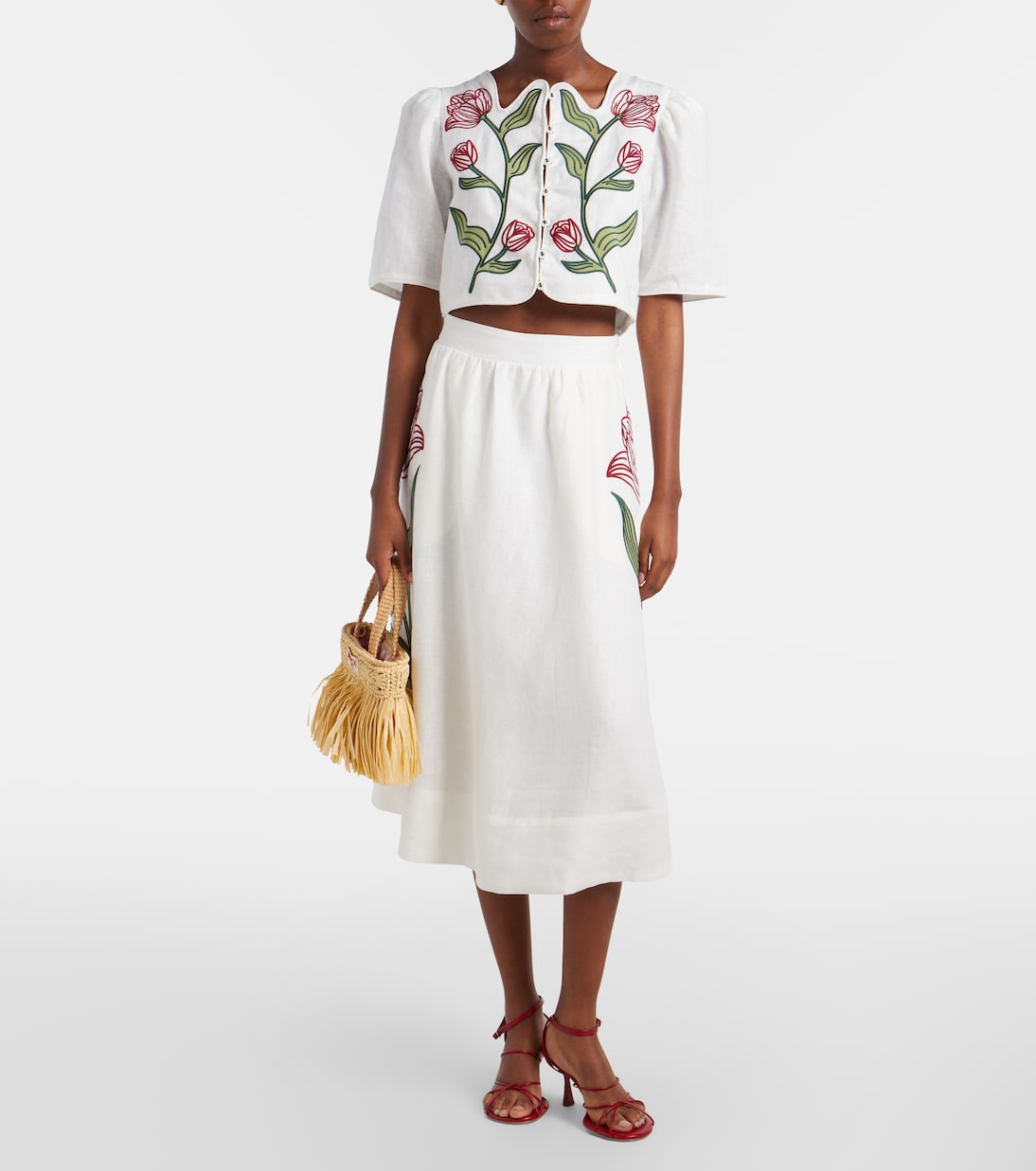 Jupe midi en lin à broderie | Farm Rio