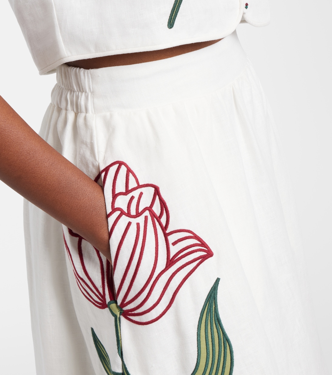 Jupe midi en lin à broderie | Farm Rio