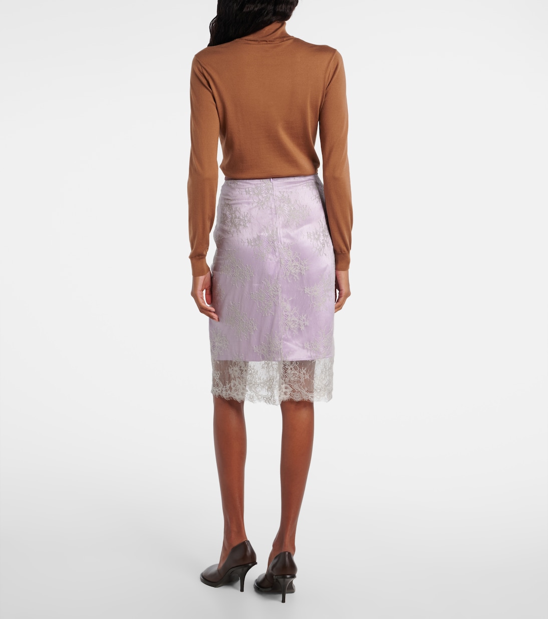 Embroidered leather-trimmed lace midi skirt | Jacques Wei