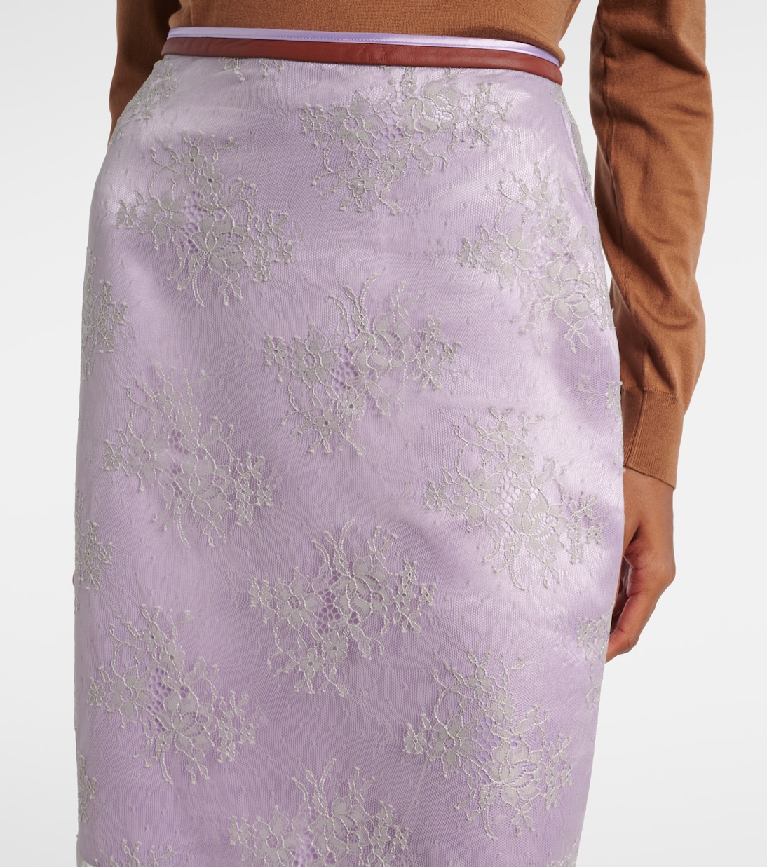Embroidered leather-trimmed lace midi skirt | Jacques Wei