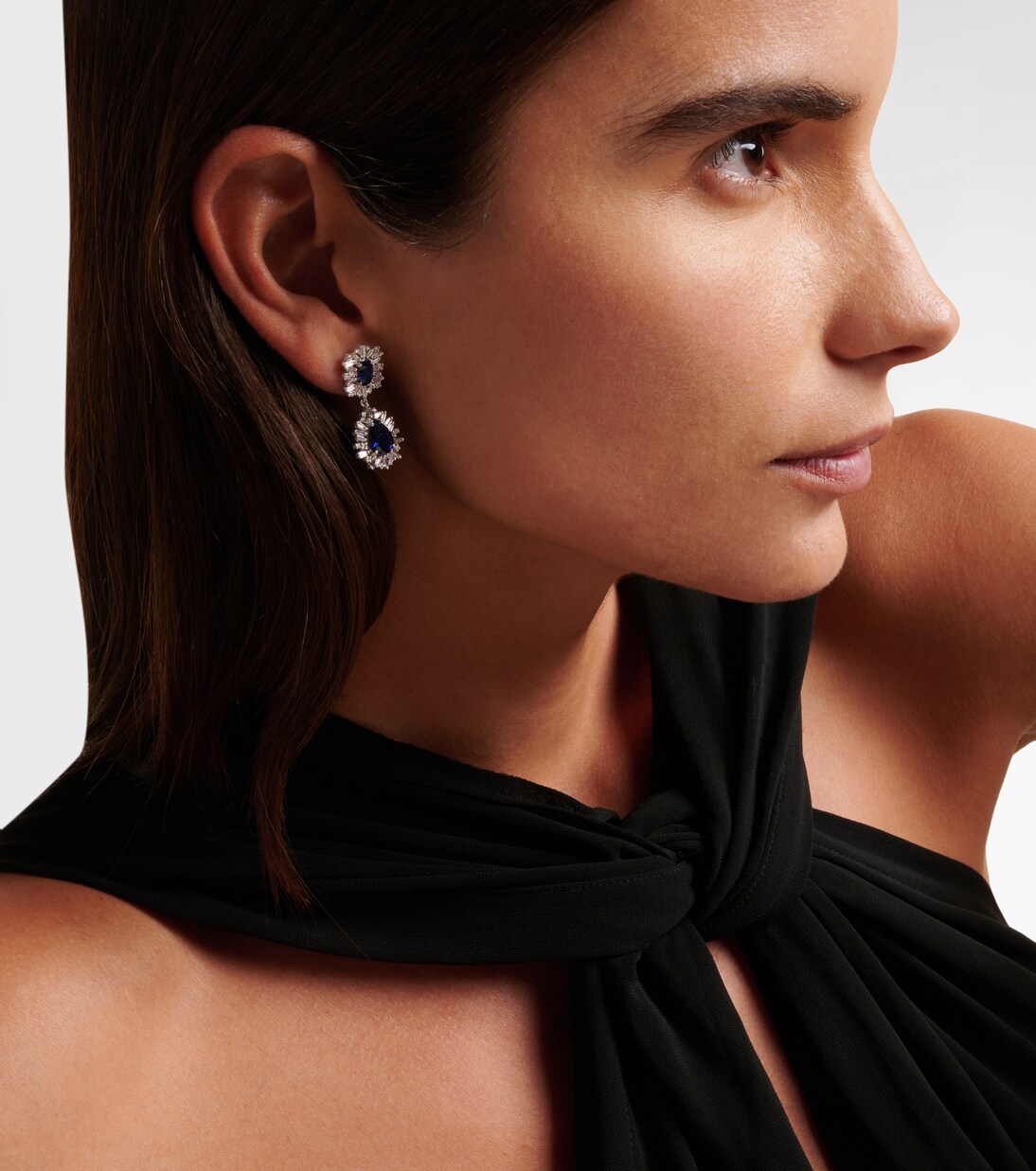 18kt white gold drop earrings with diamonds and sapphire | Suzanne Kalan