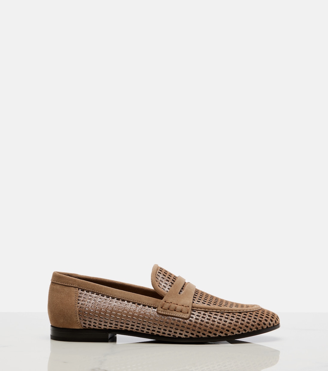 Perforated suede-trimmed leather penny loafers | Brunello Cucinelli
