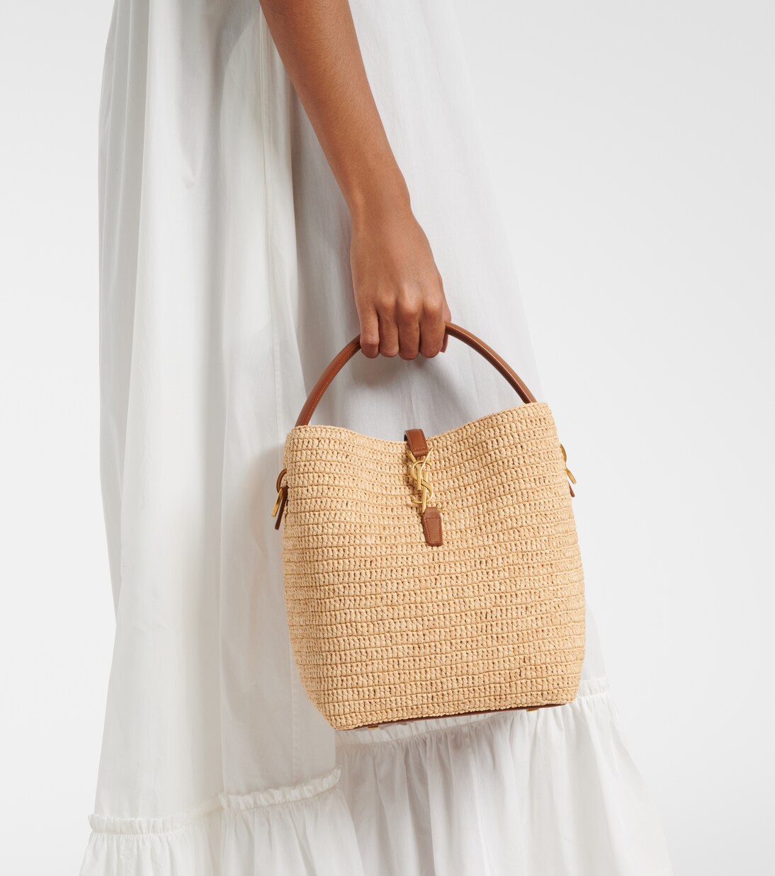 Le 37 leather-trimmed raffia bucket bag | Saint Laurent