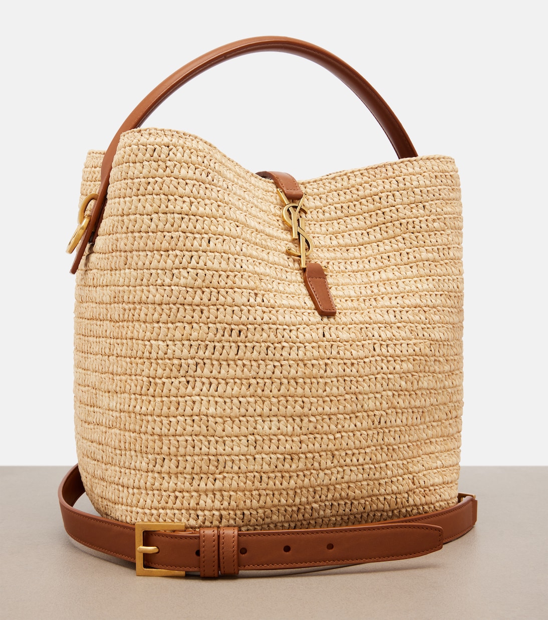 Le 37 leather-trimmed raffia bucket bag | Saint Laurent