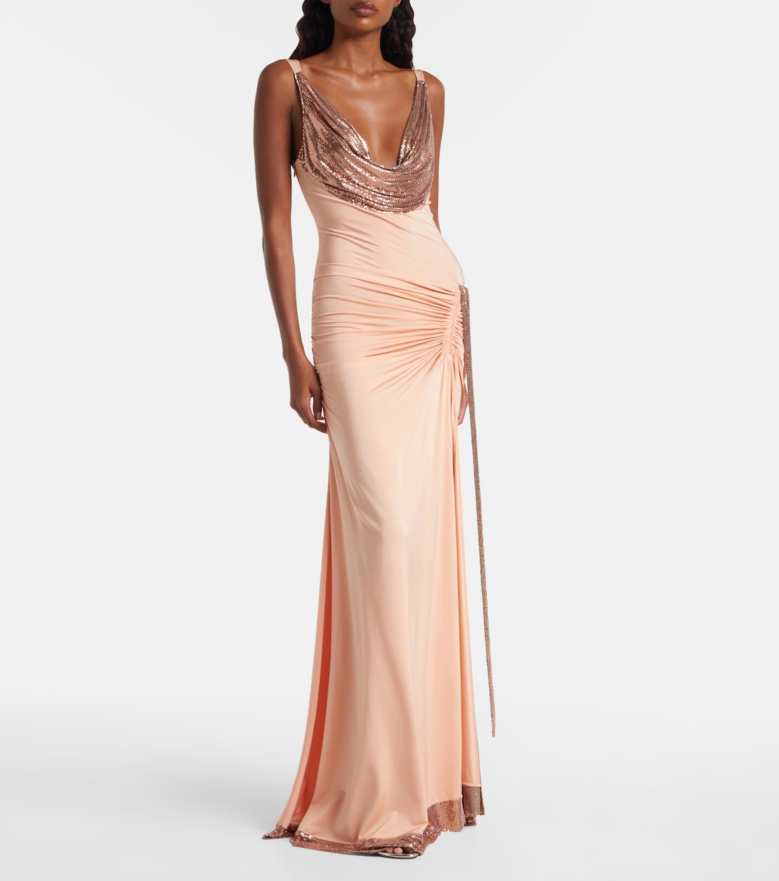 Robe aus Satin mit Metallic-Mesh | Rabanne