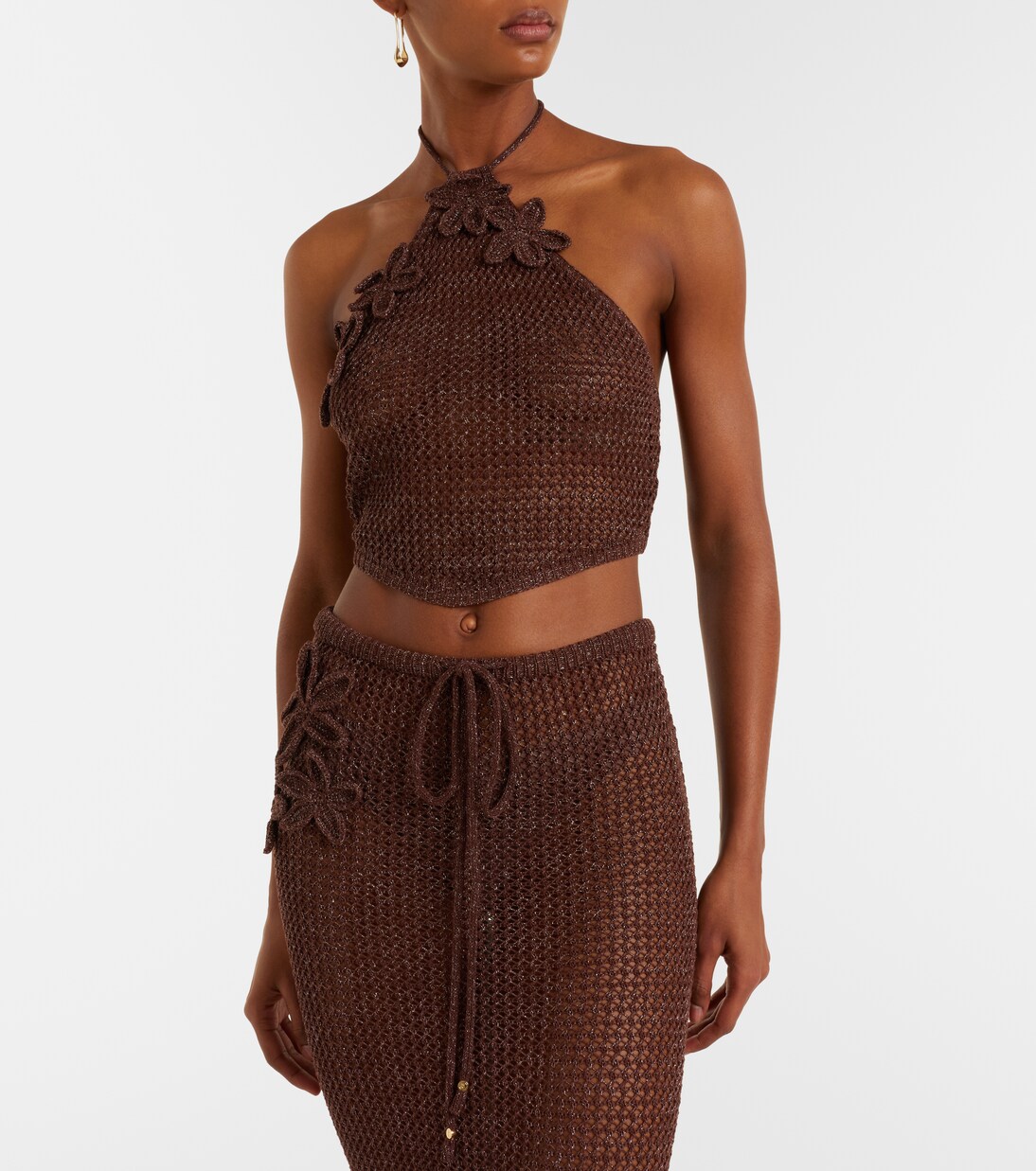 Cori open-knit halterneck lamé crop top | Bananhot