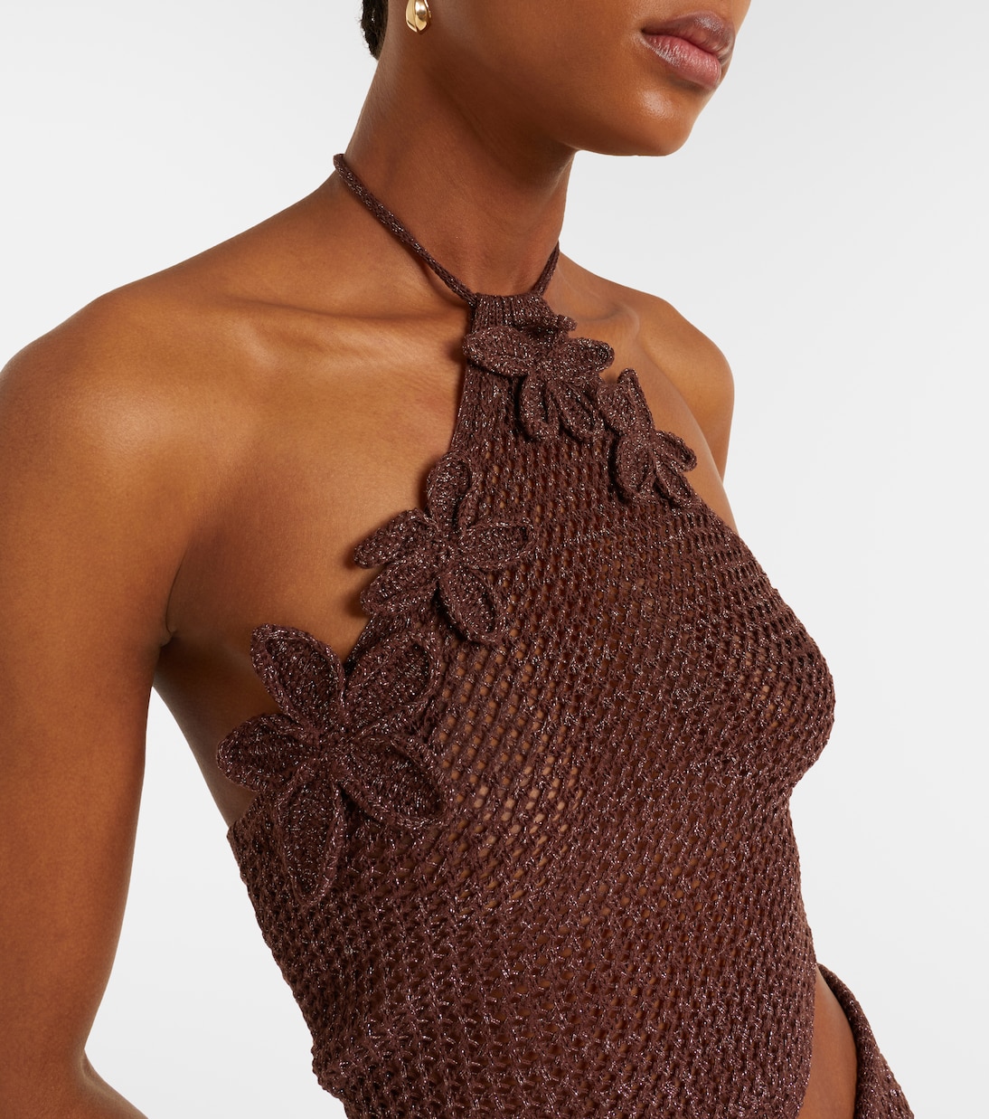 Cori open-knit halterneck lamé crop top | Bananhot