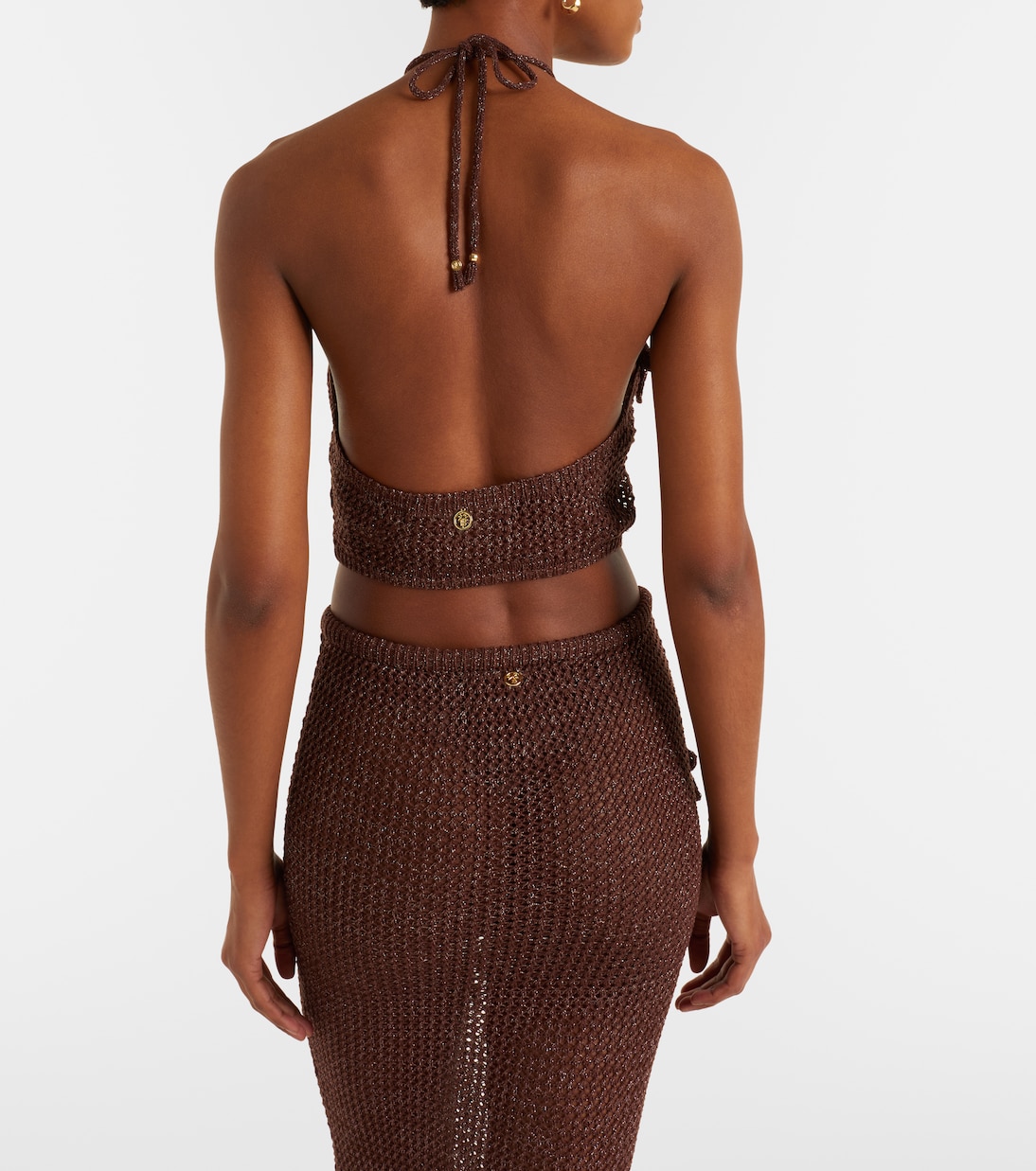 Cori open-knit halterneck lamé crop top | Bananhot