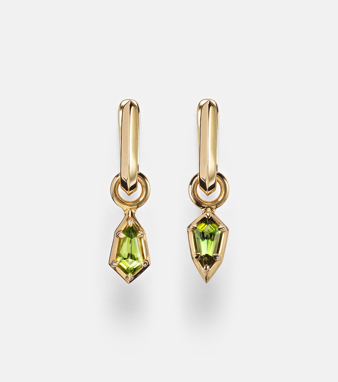 Knife Edge Shield 14kt gold hoop earrings with green tourmaline | Stone and Strand