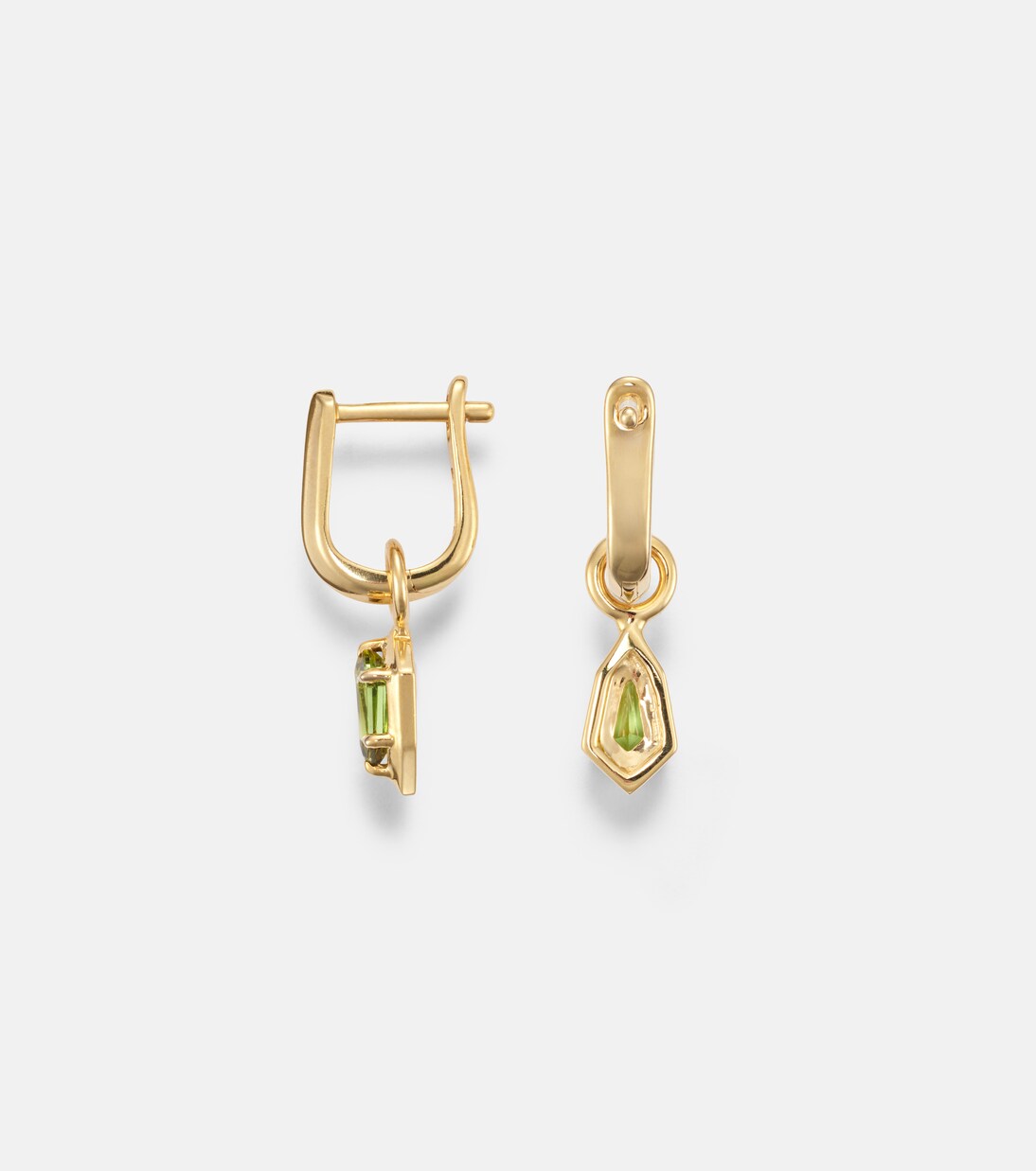 Knife Edge Shield 14kt gold hoop earrings with green tourmaline | Stone and Strand