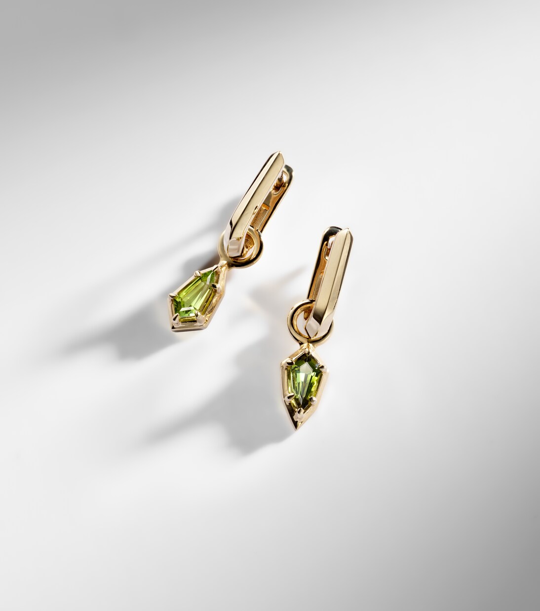 Knife Edge Shield 14kt gold hoop earrings with green tourmaline | Stone and Strand