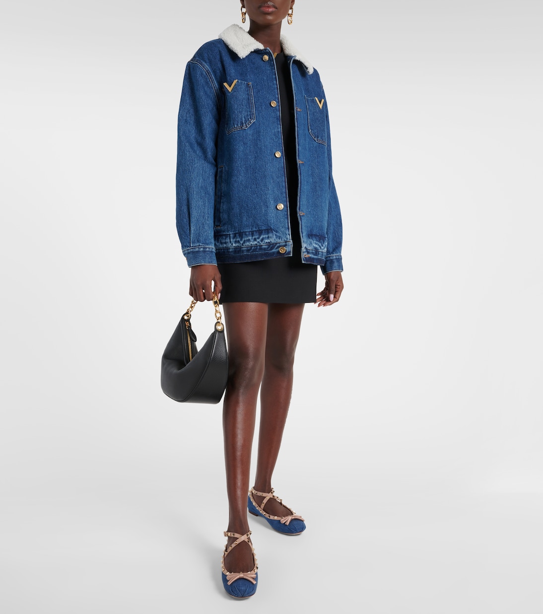 Rockstud leather-trimmed denim ballet flats | Valentino Garavani