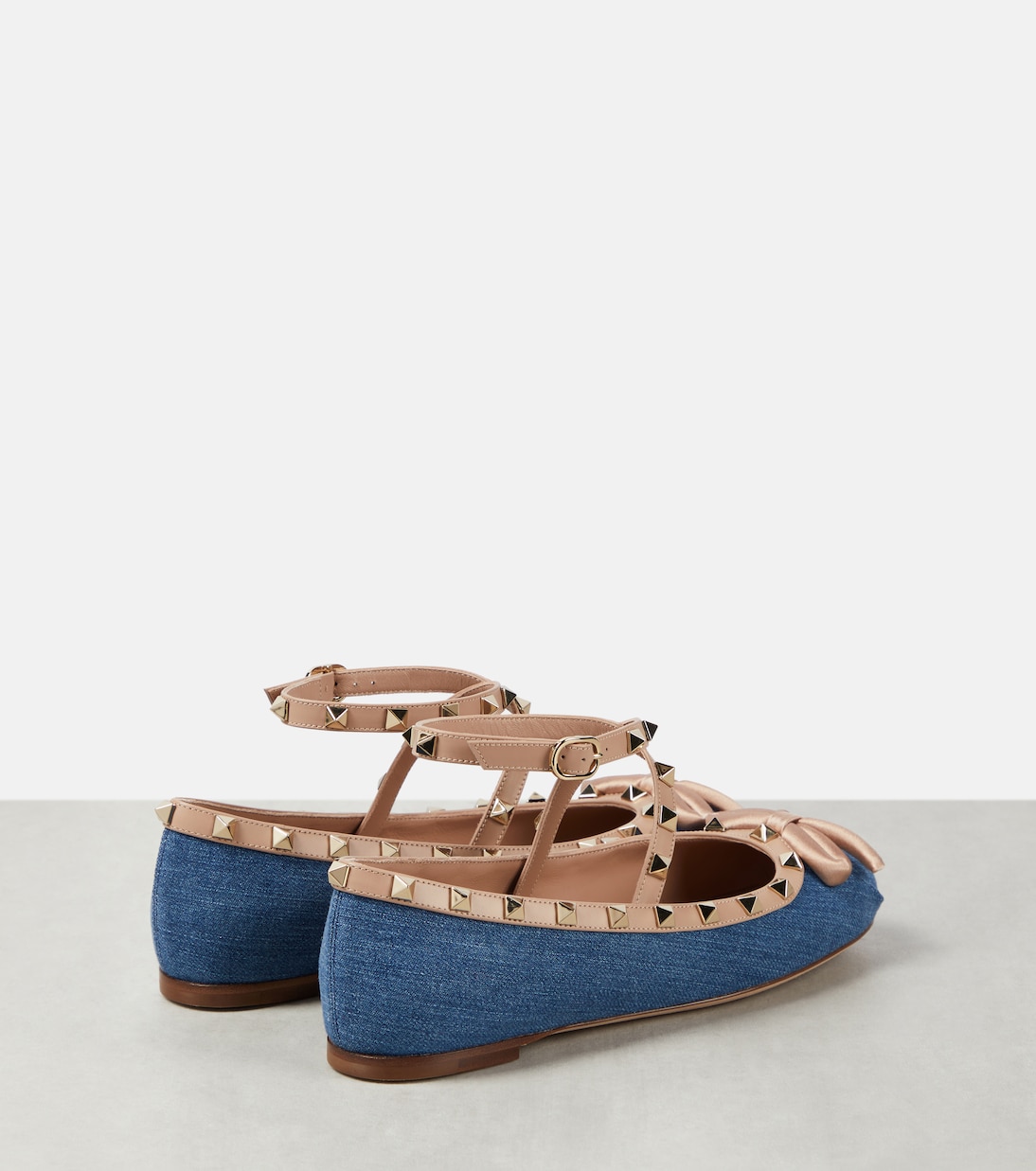 Rockstud leather-trimmed denim ballet flats | Valentino Garavani