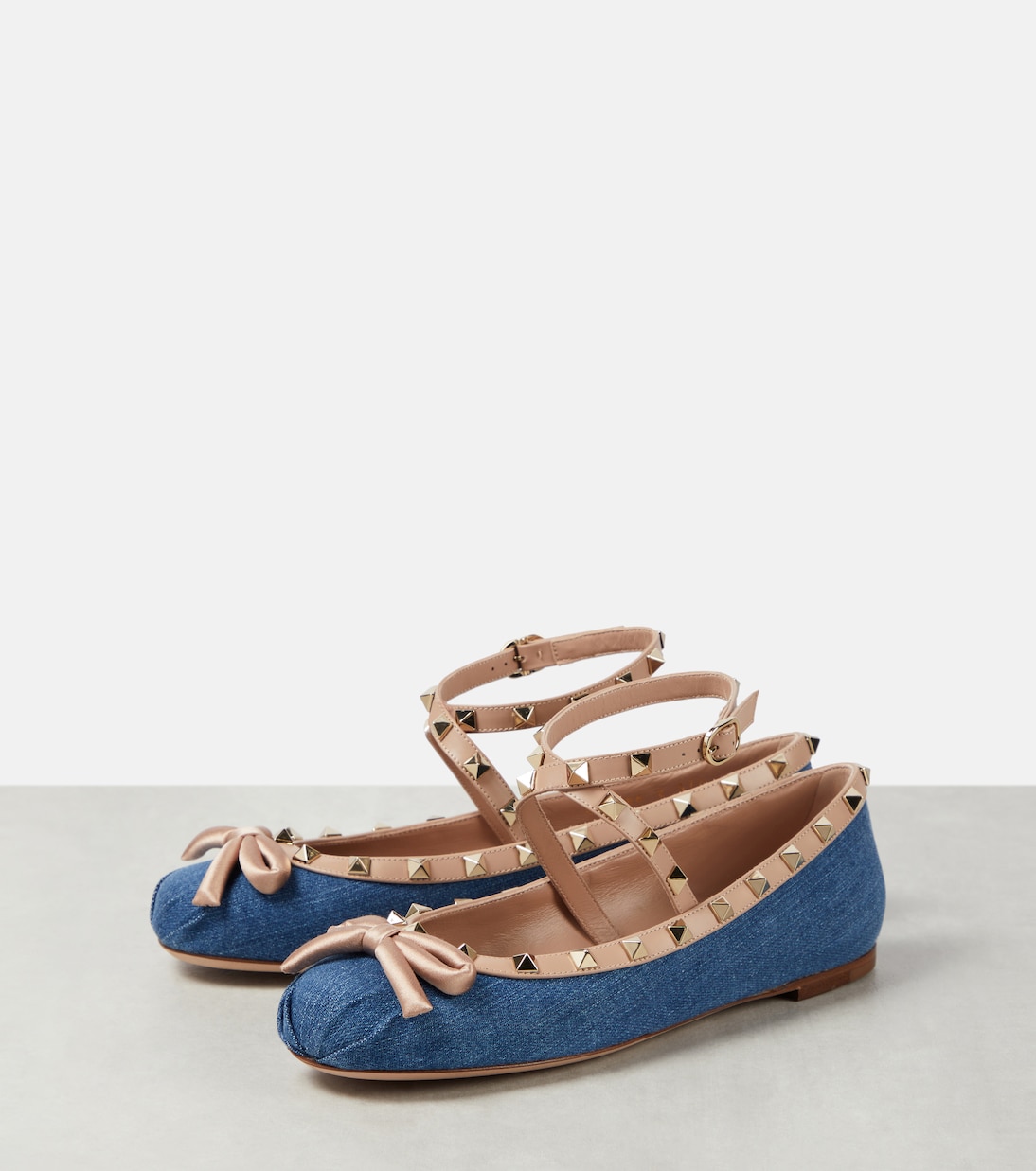 Rockstud leather-trimmed denim ballet flats | Valentino Garavani