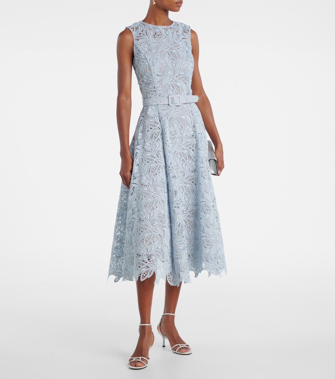 Vestido midi de encaje floral con cinturón | Oscar de la Renta