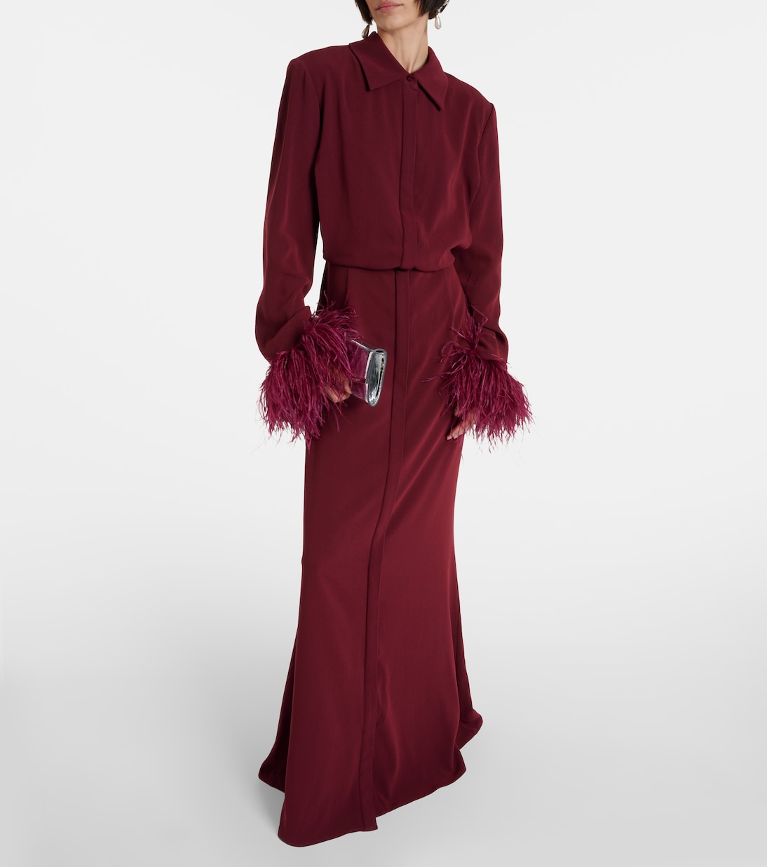Abito chemisier in crêpe di raso con piume | Roland Mouret