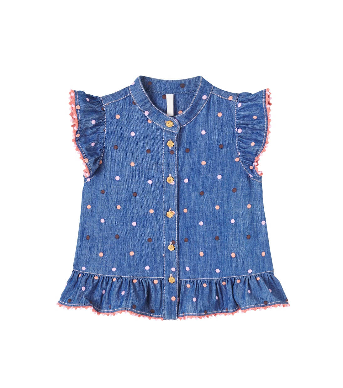 Embroidered polka-dot ruffled denim top | Zimmermann Kids