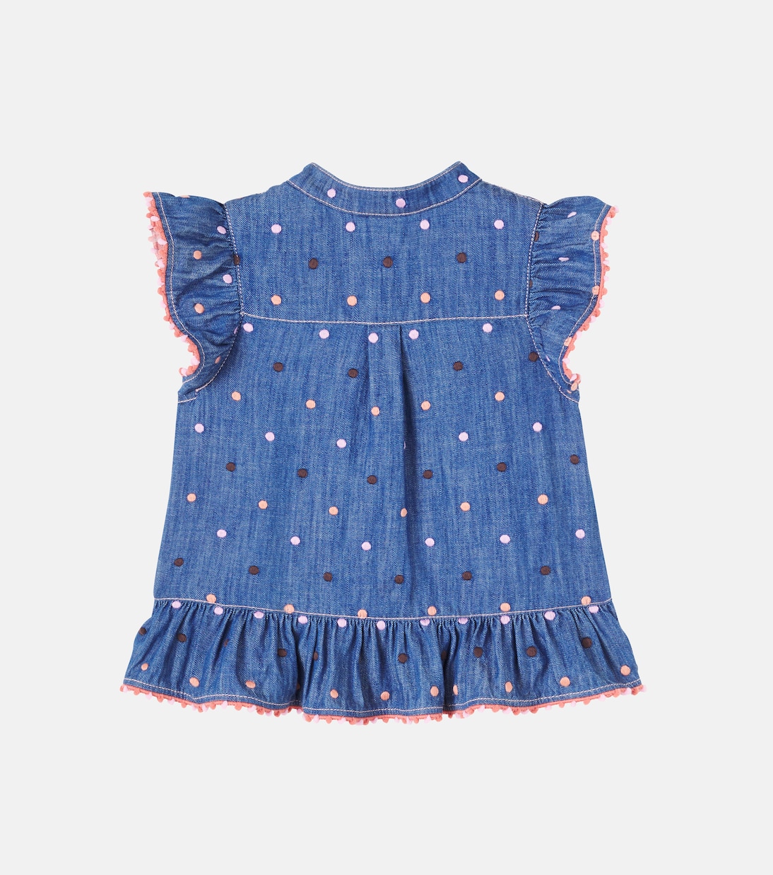 Embroidered polka-dot ruffled denim top | Zimmermann Kids