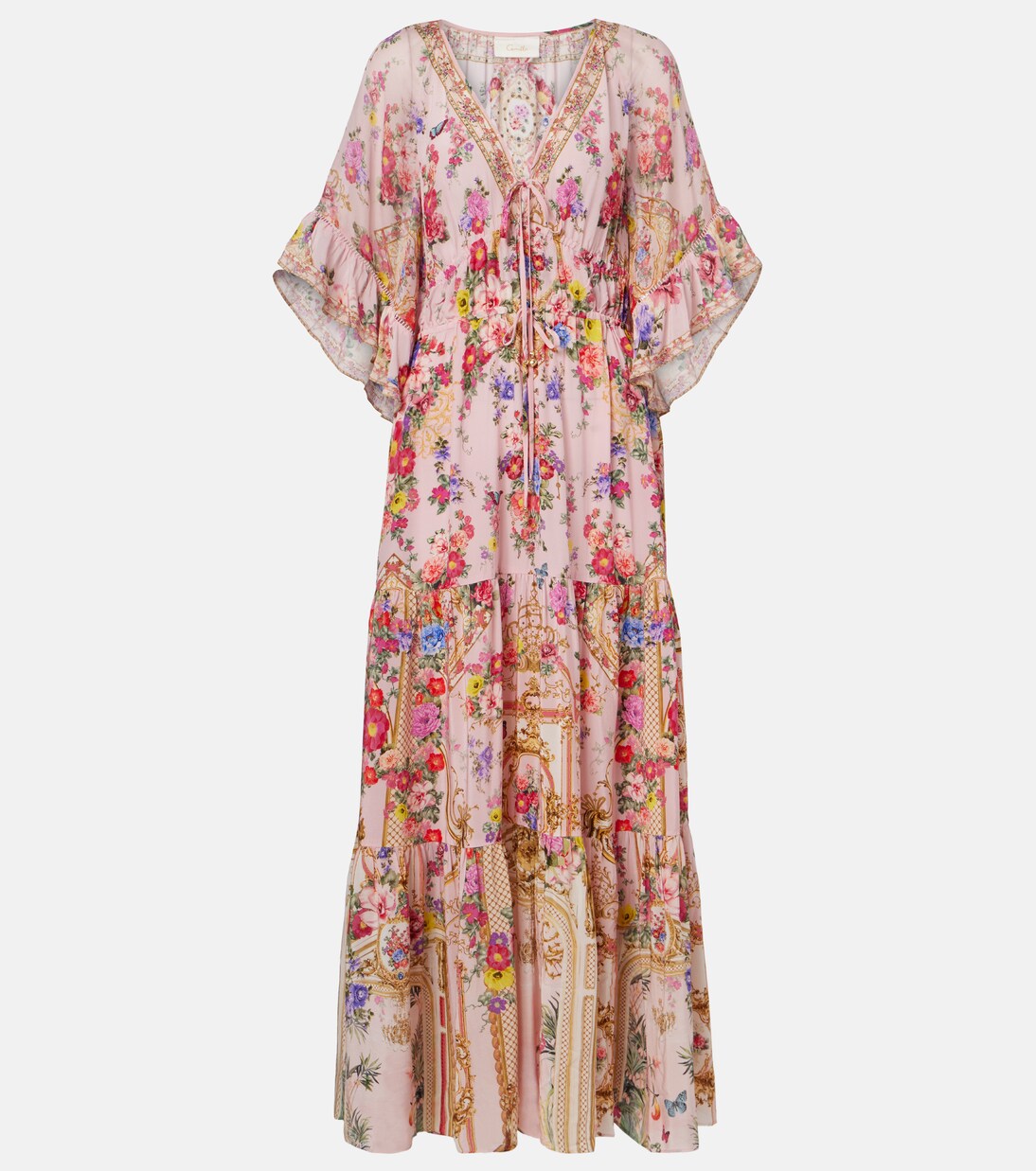 Vestido largo de seda floral adornado | Camilla