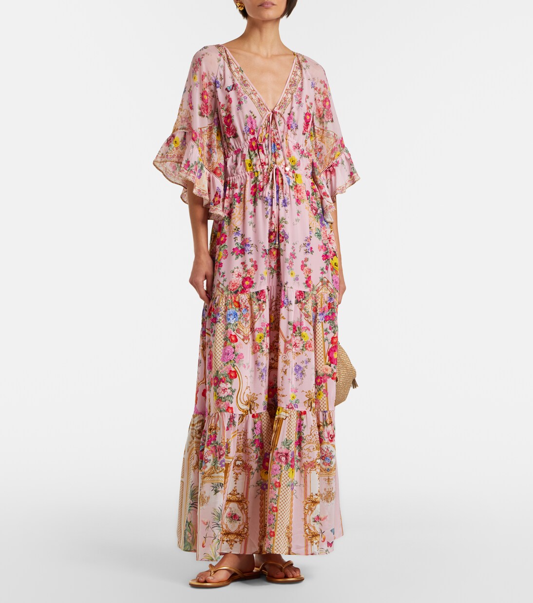 Vestido largo de seda floral adornado | Camilla