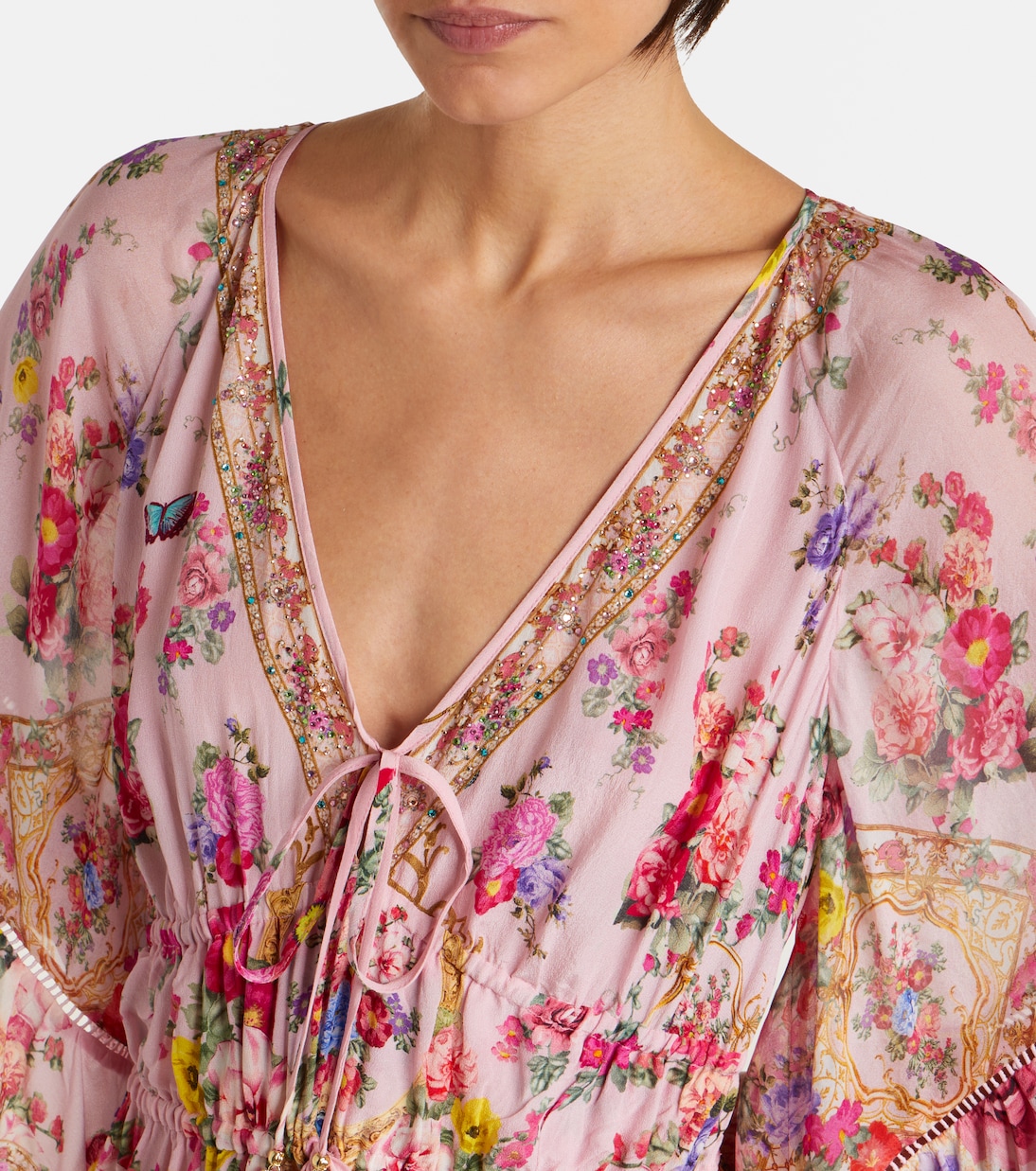 Vestido largo de seda floral adornado | Camilla