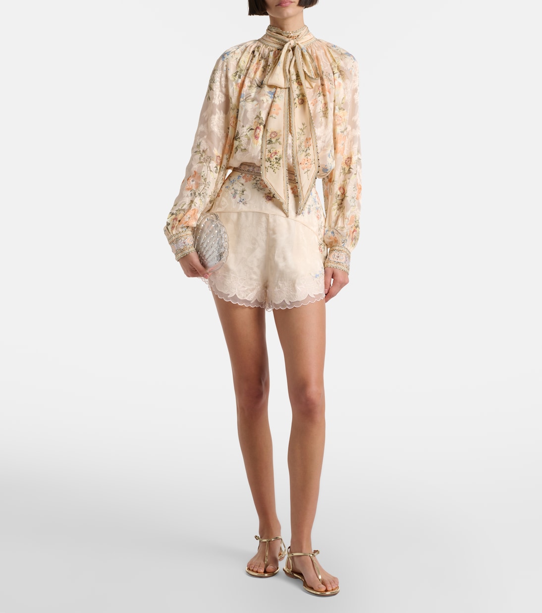 Embellished floral lace-trimmed high-rise shorts | Camilla